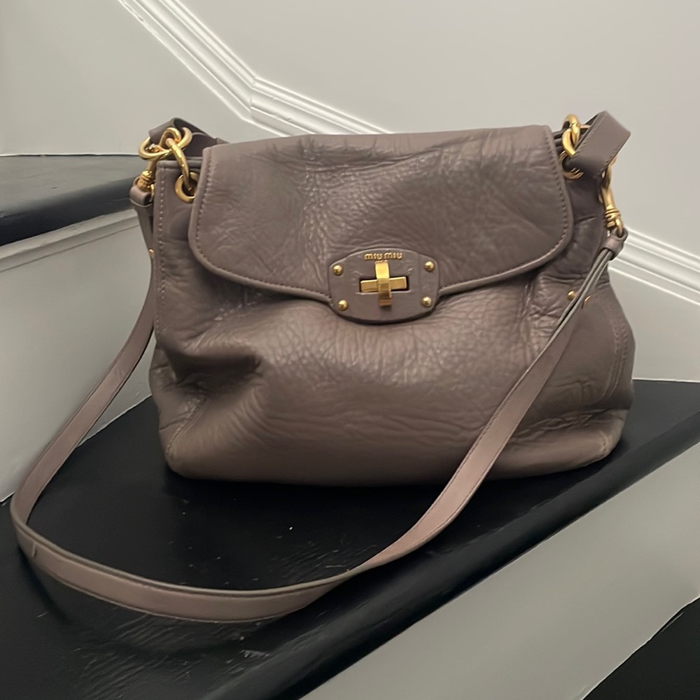 BIG SALE Taupe Miu Miu Grained Leather Flap Bag